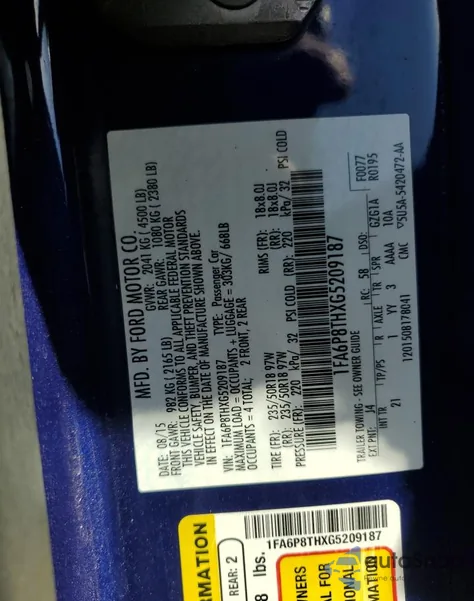 2016 Ford Mustang z USA, uszkodzony, nr VIN 1FA6P8THXG5209187